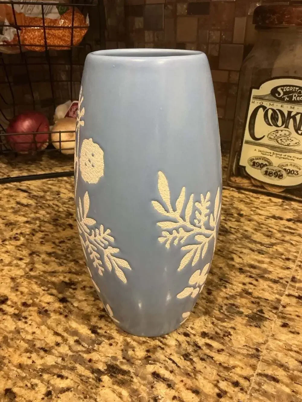 9 inch Light Blue Ceramic Vase with Raised White Floral Relief